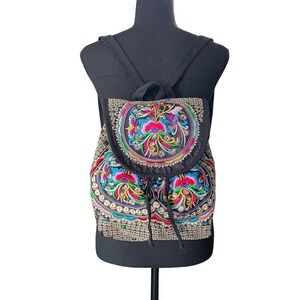 Embroidered Floral Boho Backpack Colorful Festival Drawstring Bag Hippie Artisan